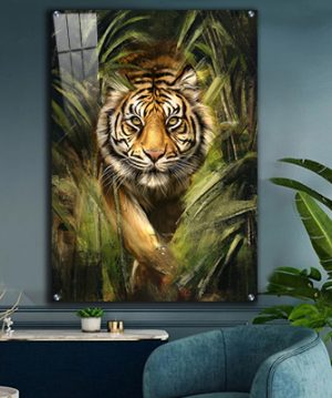 A-262 ציור מיוחד של נמר יוצא מבין השיחים על קנבס או זכוכית