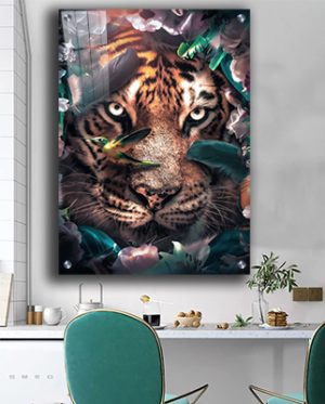 A-264 ציור מיוחד של נמר בין הפרחים על קנבס או זכוכית