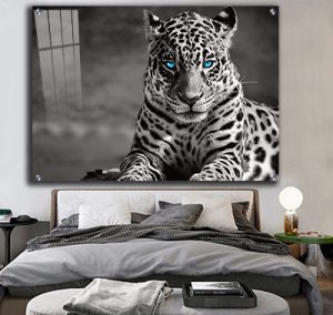 A-265 ציור מיוחד של נמר עם עיניים כחולות על קנבס או זכוכית