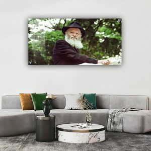 498 – תמונה מלבנית של הרבי מליובאוויטש נואם על רקע עצים בירוק