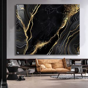 AB-34 תמונת אבסטרקט יוקרתית ומודרנית עם אפקט שיש וזהב על זכוכית או קנבס