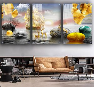 P-47 סט שלוש תמונות מחולקות של נוף מודרני עם סלעים ואיילים בזהב לסלון או חדר שינה