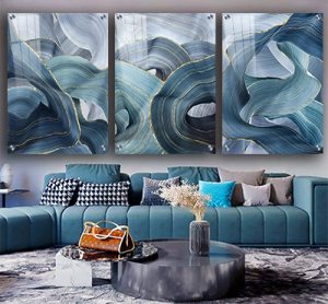 P-53 סט תמונות אבסטקרט יוקרתי בגווני כחול מודפס על זכוכית או קנבס לסלון או חדר שינה