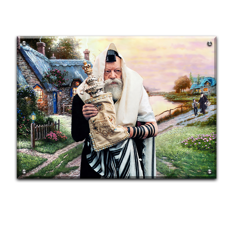 217 - תמונה של הרבי מליובאוויטש מחזיק ספר תורה גדול על רקע ציורי