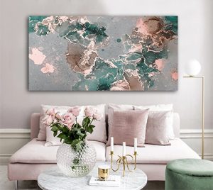 AB-59 תמונת אבסטרקט מודרנית בשילוב גווני ורוד, ירוק ואפור על קנבס או זכוכית