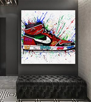 LF-73 תמונת זכוכית או קנבס של נעלי נייק עם כיתוב גרפיטי לסלון או חדר שינה