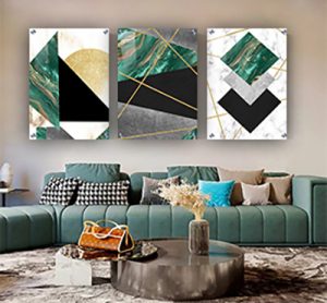 P-62 סט שלישיית תמונות אבסטרקט מודרניות בגווני ירוק, זהב ואפור על קנבס או זכוכית