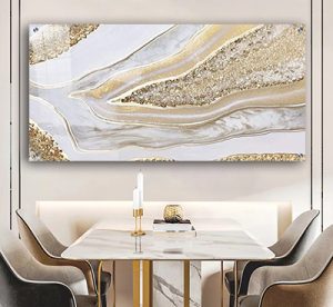 AB-70 תמונת אבסטרקט מודרנית בגווני לבן זהב על קנבס או זכוכית