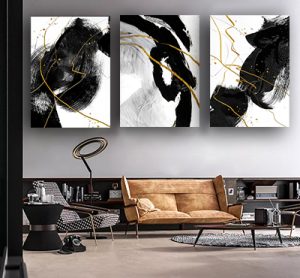 P-71 סט שלישיית תמונות אבסטרקט מודרניות בגווני שחור, זהב ולבן על קנבס או זכוכית