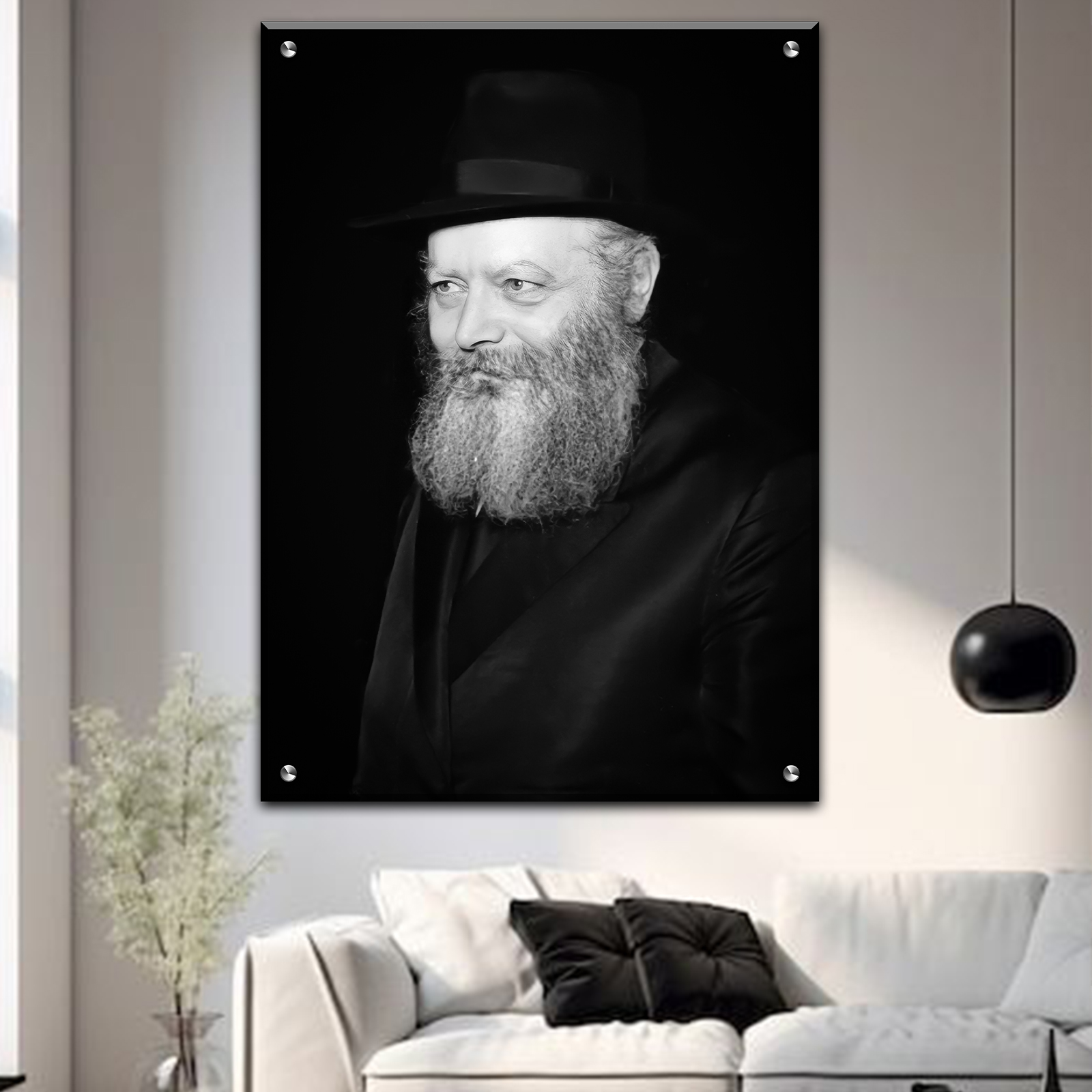 497 – תמונה של הרבי מליובאוויטש מחייך בשחור לבן על קנבס או זכוכית