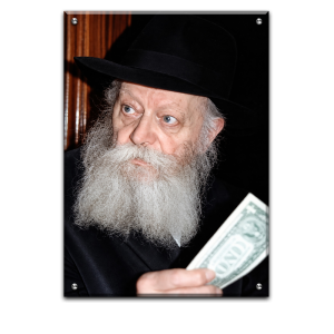 434 – תמונה של הרבי מליובאוויטש מחזיק דולר להדפסה על קנבס או זכוכית