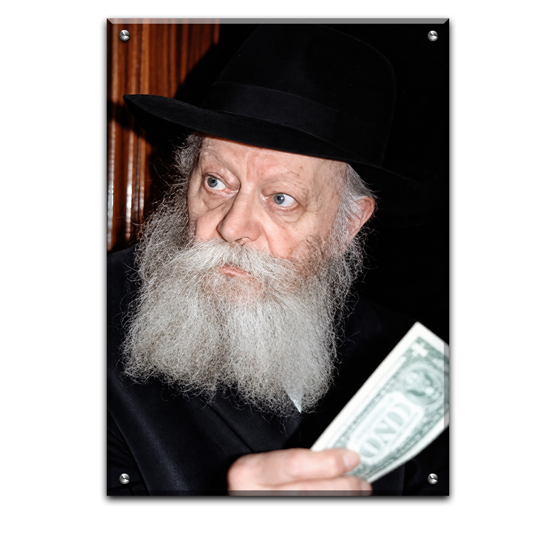 434 - תמונה של הרבי מליובאוויטש מחזיק דולר להדפסה על קנבס או זכוכית