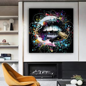 LF-95 תמונת גרפיטי צבעונית של שפתיים על על זכוכית או קנבס