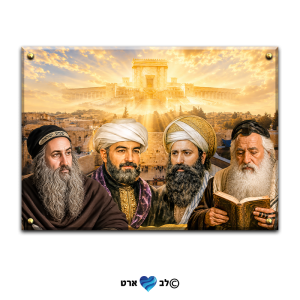 7003 – ציור מיוחד של רבי מאיר בעל הנס, הבן איש חי, הרמב"ם ורבי שמעון בר יוחאי ברקע בית המקדש והכותל